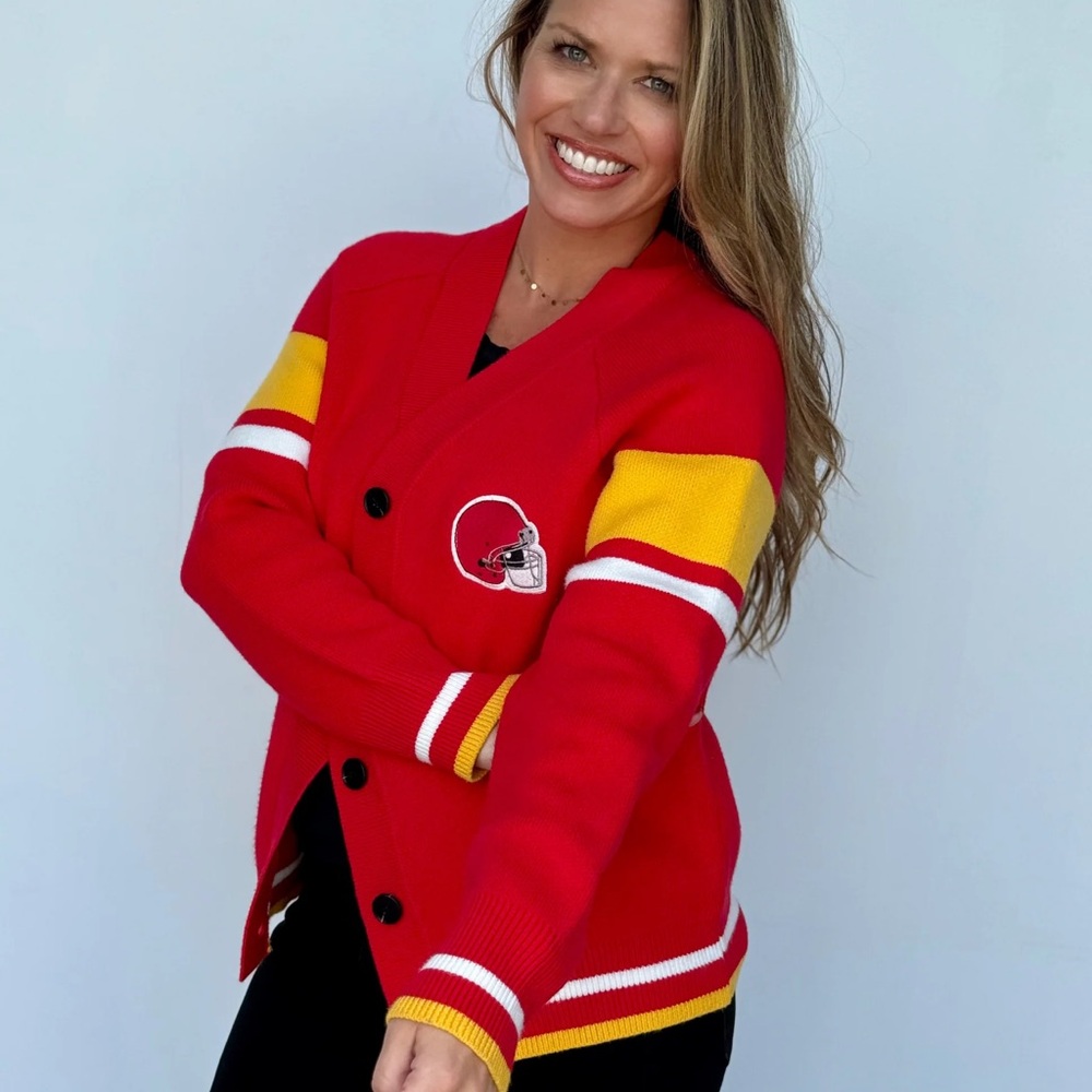 Red and Yellow Kansas City Chiefs Women's Varsity Cardigan- never worn.